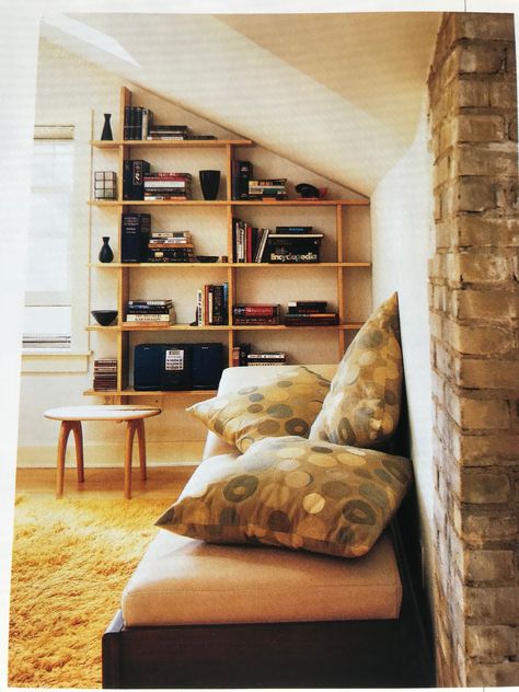 Built In Bookshelf Sloped Ceiling, Attic Shelves Diy Slanted Walls, Sloping Roof Bookshelf, Built In Bookshelves Attic, Bookshelves For Slanted Ceilings, Sloped Ceiling Shelves, Slanted Ceiling Bookshelf, Sloped Ceiling Bookshelves, Sloped Ceiling Bookcase