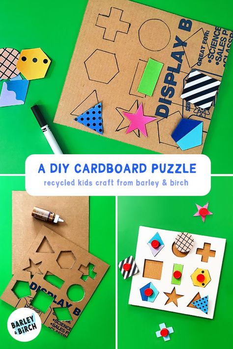 Photos showing the process of how to make our  DIY puzzle from cardboard. Recycle Cardboard, Recycle Cardboard Box, Shape Puzzle, Cardboard Puzzle, Recycled Crafts Kids, Printable Shapes, Diy Puzzles, Shape Templates, Fine Motor Skills Activities