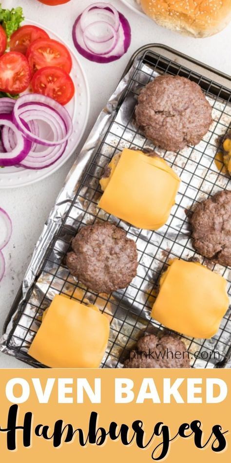 oven baked hamburgers with cheese and other fixings Hamburger Patties In Oven, Hamburgers For A Crowd, Cook Hamburgers In Oven, Oven Baked Hamburgers, Oven Hamburgers, Oven Burgers, Baked Hamburgers, Baked Burgers, How To Cook Hamburgers