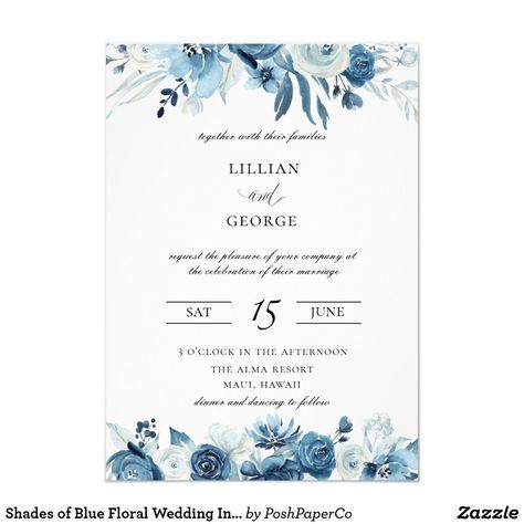 diy stationery Shop Shades of Blue Floral Wedding Invitation created by PoshPaperCo. Formal Wedding Navy Watercolor, Blue Floral Wedding, Blue Watercolor Floral, Formal Wedding Invitations, Botanical Wedding Invitations, Watercolor Floral Wedding Invitations, 카드 디자인, Wedding Vision, Dusty Blue Weddings