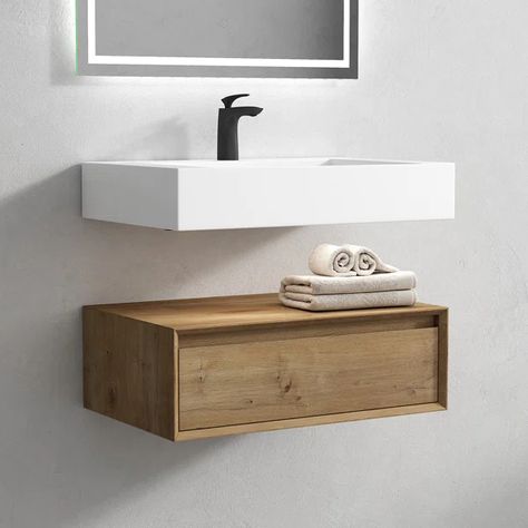 29.5'' Wall Mounted Single Bathroom Vanity with Plastic Top Oak Floating Vanity, Floating Sink, Wall Mount Sink, Wall Mounted Sink, Small Bathroom Vanities, Floating Bathroom Vanity, Double Sink Vanity, Installing Cabinets, Floating Vanity