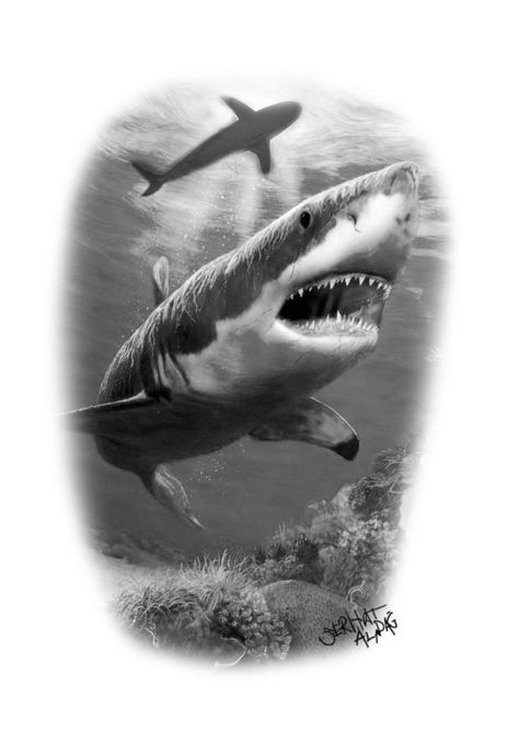 Shark Realistic Tattoo, Tattoos Of Ocean, White Shark Tattoo Design, Great White Shark Tattoo Realistic, Shark Tattoo Design Drawings, Underwater Tattoo Design, Realistic Shark Tattoo, Sea Tattoo Design, Great White Shark Tattoo