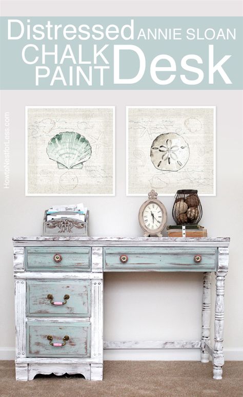 Beachy Annie Sloan Chalk Paint Desk. More Distressed Furniture Ideas for Coastal Style Living here: http://www.completely-coastal.com/2013/04/distressed-painted-furniture-for-coastal-beach-look.html Chalk Paint Desk, Distressed Desk, Paint Desk, Commode Shabby Chic, Muebles Shabby Chic, Diy Daybed, Blue Chalk Paint, Painted Desk, Desk Makeover