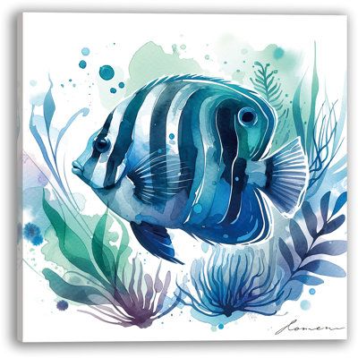 Immerse yourself in the soothing AquaRhythms of the sea with this stunning Blue Reef Angel Fish watercolor canvas art. Evoking the fluidity and grace of underwater realms, this piece captures the essence of coastal serenity. It's a mesmerizing addition to any room that speaks to the heart of ocean admirers and art lovers alike. | Bay Isle Home™ AquaRhythms - Blue Reef Angel Fish Watercolor Art On Canvas Print blue/White 30.0 x 30.0 x 1.5 in | Home Decor | AANZ2069_97768903 | Wayfair Canada Tropical Fish Art, Sea Life Painting, Marine Life Art, Fish Paintings, Saltwater Fish, Watercolor Fish, Diy Watercolor Painting, Coral Reefs, Diy Watercolor