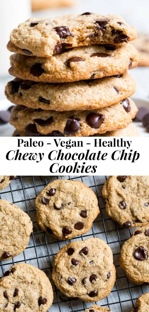 These chewy chocolate chip cookies are hands down the best!  They also just happen to be healthy,  gluten free, paleo, dairy free and vegan too.   This family favorite is a go-to whenever you're craving a good homemade chocolate chip cookie, and they're the perfect dessert to bring to a party or serve to guests! #glutenfree #vegan #paleo Best Chewy Chocolate Chip Cookies, Paleo Chocolate Chip Cookies, Healthy Chocolate Chip Cookies, Paleo Cookies, Dairy Free Chocolate Chips, Paleo Recipes Dessert, Gluten Free Chocolate Chip Cookies, Paleo Baking, Vegan Chocolate Chip Cookies