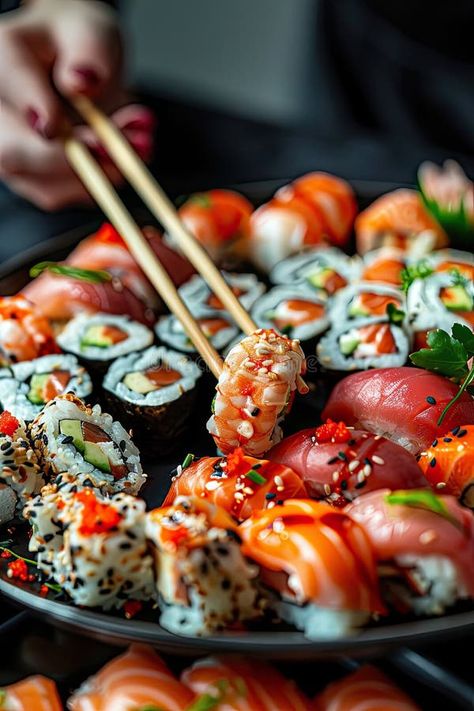 Close-up of sushi with chopsticks. Selective focus stock photography Sushi Photography, Sushi Photo, Aesthetic Sushi, Photography Focus, Sushi Aesthetic, Trend Tiktok, Forever Friends, Sushi Rolls, Chopsticks