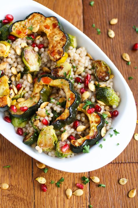 Roasted Fall Vegetable and Couscous Salad with Pomegranate Vinaigrette is a fabulous fall side dish. Serve this side dish all fall season, or for Thanksgiving, too! Vegetable Couscous Salad, Zucchini Tart, Roasted Fall Vegetables, Pomegranate Vinaigrette, Salad With Pomegranate, Vegetable Couscous, Autumn Side Dishes, Fall Fun Food, Fall Vegetables