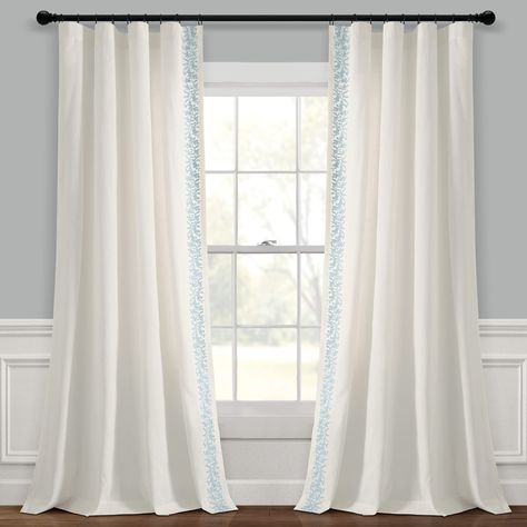 PRICES MAY VARY. Linen Trimmed with elegance and the texture of high quality linen, this curtain panel instantly frames your windows with an elevated style. The simple addition of color and pattern decorates your space with casual sophistication. Sold as a single panel. Curtains play a big role in the ambiance of a room. Design your warm and inviting space with this luxurious embroidered curtain panel. Made of high-quality material with a linen look, this curtain design captivates with its elega Embroidery Border, Flower Window, Lush Decor, Simple Addition, Elevated Style, Decor Luxury, Room Darkening Curtains, White Curtains, Curtain Designs