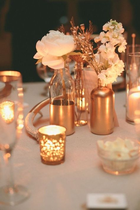 wedding in gold decor Copper Wedding Colors, Rose Gold Centerpiece, Lots Of Candles, 2015 Wedding Trends, Gold Wedding Centerpieces, Rustic Wedding Decorations, Gold Centerpieces, Romantic Candles, Copper Wedding