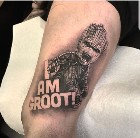 Avengers Tattoo Design, I Am Groot Tattoo, Marvel Tattoos For Men, Groot Tattoo Ideas, Baby Groot Tattoo, Groot Tattoo, Arm Tattoos Lettering, Toothless And Stitch, Avengers Tattoo