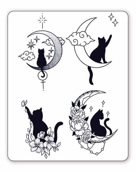 Crescent Moon Cat Tattoo, Two Black Cats Tattoo, Magic Cat Tattoo, Luna Cat Tattoo, Cat Moon Tattoo, Cat And Moon Tattoo, Cat Memorial Tattoo, Tattoo Scroll, Cat On Moon