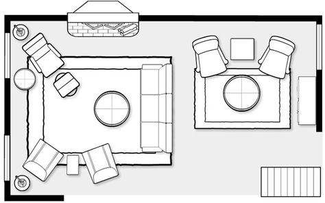 What about splitting the room into two areas? Chair and side table (lamp) in the window corner, with its own smaller rug then small sofa/loveseat in middle of room with path behind to porch and two more chairs facing it, this grouping would have its own rug- TV mounted on wall, side chairs can turn when they are watching. Decorating A Long Living Room, Long Living Room Layout, Large Living Room Layout, Long Narrow Living Room, Rectangular Living Rooms, Long Living Room, Narrow Living Room, Long Room, Living Room Furniture Layout