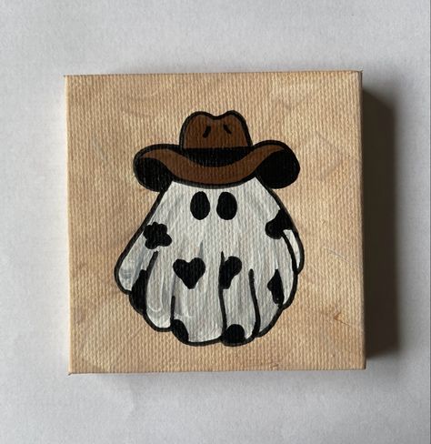 Halloween Painting On Canvas Easy, Simple Cowboy Paintings, Small Canvas Painting Idea, Cowboy Ghost Painting, Halloween Mini Canvas Paintings, Cool Simple Paintings On Canvas, Panting Photo Ideas Easy, Western Painting Ideas Easy, Western Painting Canvas