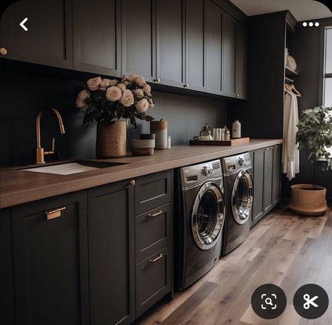 Black And Wood Laundry Room, Black Washing Machine Laundry Rooms, Black Utility Room, Black Laundry Room Cabinets, Aesthetic Laundry Room, Black Laundry Room, Western Houses, Black Laundry, House Flipper