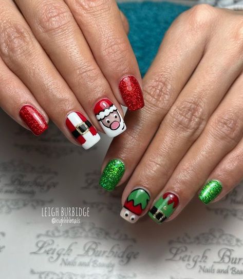 Christmas Elf Nail Art, Elf Nails Designs, Santa Nails Design, Elf Nail Art, Elf Nails, Santa Nail Art, Santa Nails, December Nails, Nail Board