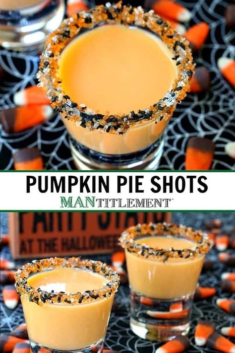 Halloween Party Shots, Pumpkin Pie Shots, Pumpkin Pie Drink, Halloween Alcohol, Fun Halloween Desserts, Halloween Shots, Halloween Party Drinks, Dessert Shots, Liquor Shots