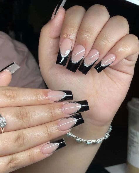 33 Best Black And White French Tip Coffin Nails [2024] - Nail Designs Daily French Tip Nails Black And White, White French Tip Coffin Nails, Nail Ideas French Tip Coffin, Black Coffin French Tip, Black Coffin French Tip Nails, Coffin Black French Tip Nails, Black French Tip Designs, White French Tip Coffin, French Tip Nails Black