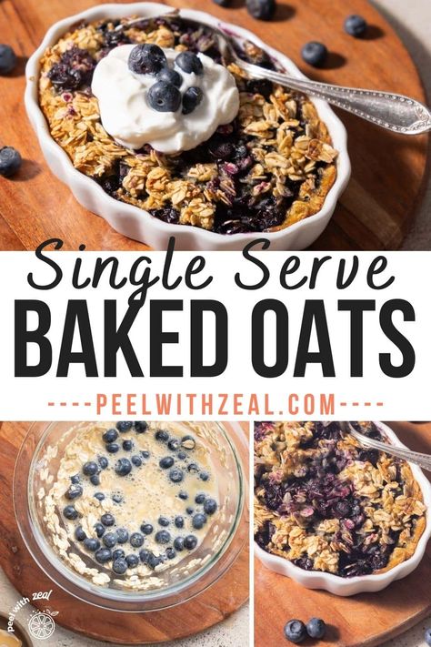 Single Serve Baked Oatmeal This baked oatmeal recipe for one is lightly sweet, soft, and chewy. Fresh blueberries, old-fashioned oats, and maple syrup come together for an easy and nutritious recipe. It's a delicious breakfast you'll love waking up to every morning! Baked Oatmeal For One Microwave, Blueberry Oats Bake, Single Serve Oatmeal Bake, Healthy Baked Oatmeal For One, Baked Egg White Oatmeal, Single Baked Oatmeal, Oatmeal For One Person, Clean Eating Oatmeal Recipes, Baked Oatmeal For Two