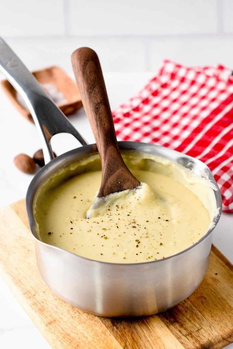 This Bechamel Cheese Sauce is the most easy, cheesy sauce for steamed vegetable or casserole. It's a French-inspired recipe that can be easily made in less than 15 minutes with gluten-free option. Thick Cheese Sauce, Bechamel Cheese Sauce Recipe, Cheesy Bechamel Sauce, Beschemell Sauce Recipe, Beschmell Sauce, Bachemelle Sauce, Gluten Free Bechamel Sauce, Celtic Cooking, Vegan Gratin