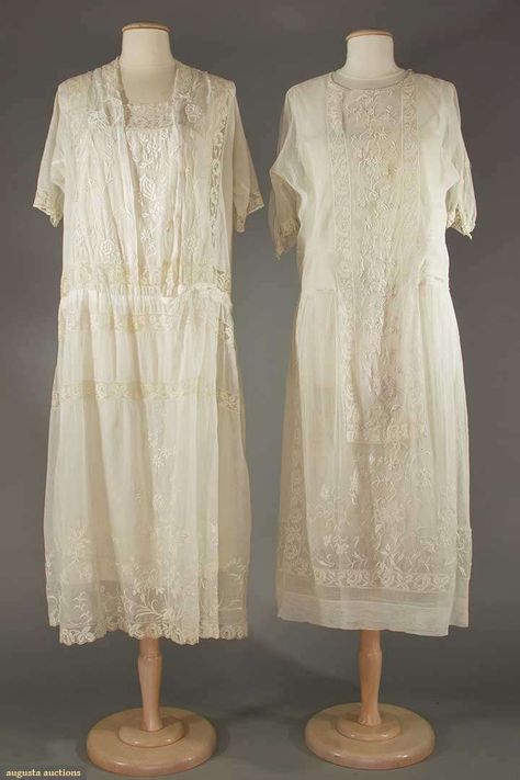 TWO EMBROIDERED & LACE TEA GOWNS, 1920s Both white cotton w/ embroidery & filet lace insertions: 1 tulle, H 39", L 48", (black pin dots buy embroidery, seam openings, small holes) very good; 1 cotton lawn, B to 42", H 43", L 48", (left side 1 hole & tiny scattered stains) very good. Ladies Costumes, Silk Wedding Gown, Dinner Gowns, 20s Style, 1930 Fashion, Filet Lace, Food Gardening, Tea Gown, 1920's Fashion