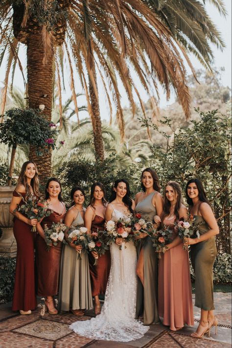 Rust Mismatched Bridesmaids, Olive Green And Rust Bridesmaid Dress, Sage Color Bridesmaid Dresses, Warm Earth Tones Bridesmaid Dresses, Earthy Color Bridesmaid Dresses, Olive Green And Terracotta Bridesmaid, Terra Cotta Bridesmaids Dress, Wedding Sage And Terracotta, Rust Terracotta Sage Green Wedding