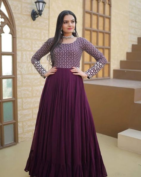 🤳🏻 *PREMIUM READYMADE GOWN COLLECTIONS.*💃🏻 *#GOWNLOVE* 💕 💗 *Faux Blooming gown with Sequins-Multi Embroidered Work, It looks graceful for women, it Designed to flatter all body types, gowns for women combine the best parts of western and Indian wear into one stunning ensemble.* 💝 *Code:- LW-9122* 👉🏻 *GOWN :-*👇🏻 👉🏻 *FABRIC & WORK :-* Faux Blooming With Sequins-Multi & Zari Embroidered Work 👉🏻 *SIZE :-* S(36''),M(38''),L(40''), XL(42''),XXL(44'') 👉🏻 *LENGTH :-* 56 INCH 👉🏻 *FLAIR :-* 7 MTR... Reception Gown, Party Wear Gown, Frock For Women, Flare Gown, Traditional Indian Outfits, Party Kleidung, Pink Gowns, Ladies Gown, Anarkali Dress