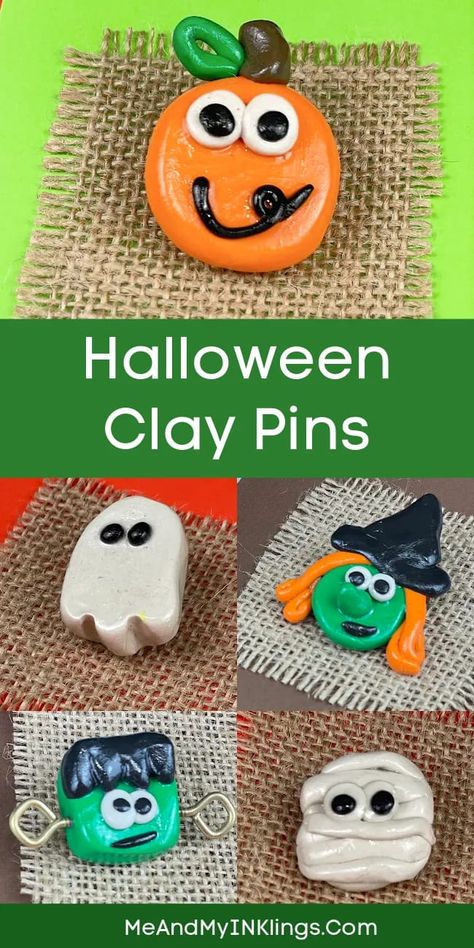 Sculpey Clay Halloween Pins that are Easy to Make #diyhalloween #polymerclayjewelry #polymerclay #bakeshopclay Halloween Clay Ideas For Kids, Halloween Polymer Clay Ideas Easy, Halloween Clay Craft, Fall Clay Projects, Clay Halloween Crafts, Halloween Clay Ideas, Make Your Own Clay, Clay Halloween, Clay Pins