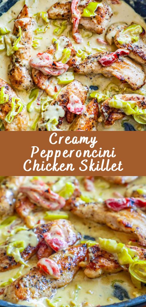 Creamy Pepperoncini Chicken Skillet | Cheff Recipes Chicken And Banana Peppers, Chicken And Pepperchini, Creamy Pepperoncini Chicken Skillet, Chicken Red Bell Pepper Recipes, Meal With Chicken Tenders, Make Your Own Dinner Ideas, Pineapple Pepper Chicken, Dinner Ideas Peppers, Delicious Weeknight Dinners