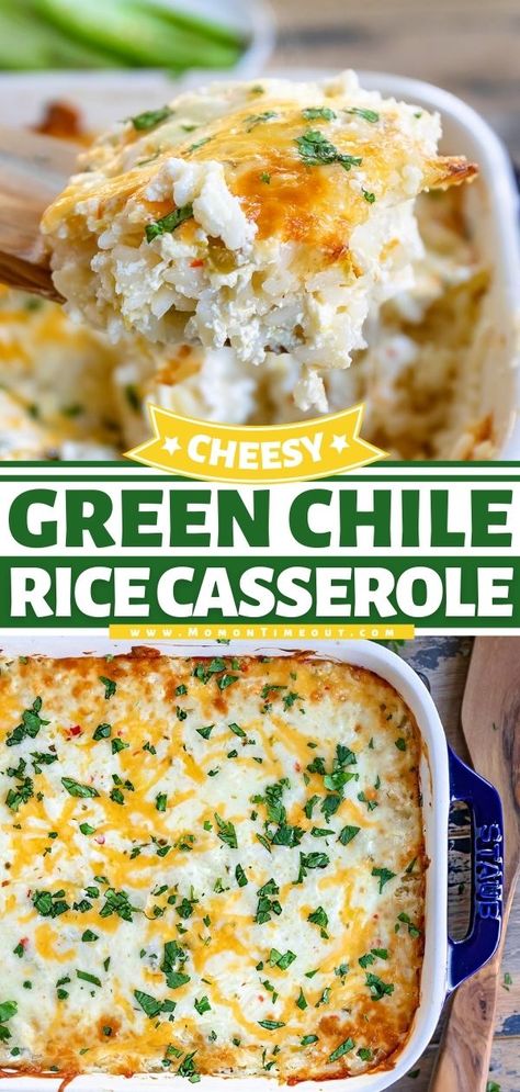 Cheesy Green Chile Rice Casserole – Just 4 Ingredients! Gourmet Rice Recipes, Veggie Rice Casserole Recipes, Green Chile Rice Casserole, Chili Rice Casserole, Baked Chicken Burritos, Smothered Baked Chicken, Citrus Herb Roasted Turkey, Green Chili Rice, Green Chile Rice