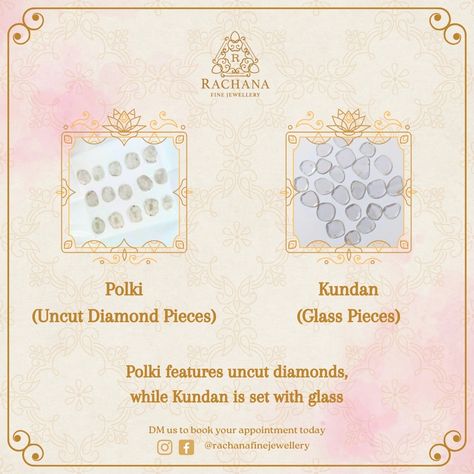 Polki vs. Kundan: What's the Difference? Polki features uncut diamonds, while Kundan is set with glass. Polki is crafted from the raw stone of Diamond while Kundan is made from glass rough. #PolkiBridal #RegalCharm #BridalEnchantment #BridalAdornment #PolkiPerfection #BridalStyle #BridalGlam #WeddingDayElegance #BridalFashion #BridalGlow #PolkiMagic #BridalEssentials #BridalJewels #BridalGoddess #WeddingDaySparkle #PolkiLove #BridalBeauty #BrideToBe #BridalDreams #BridalInspiration #BridalLoo... Bridal Jewels, Bridal Elegance, Uncut Diamond, Bridal Beauty, Bridal Inspiration, Raw Stone, May 20, Bridal Looks, Bridal Style