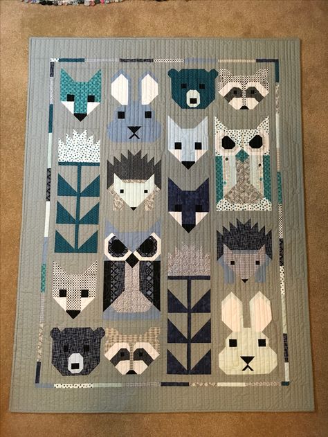 Adaptation from Elizabeth Hartman’s Fancy Forest quilt pattern.  Made for my first grandchild. Elizabeth Hartman Patterns, Fancy Forest Quilt, Delilah Quilt, Forest Baby Quilt, Forest Friends Quilt, Owl Quilt Pattern, Elizabeth Hartman Quilts, Fox Quilt, Animal Baby Quilt