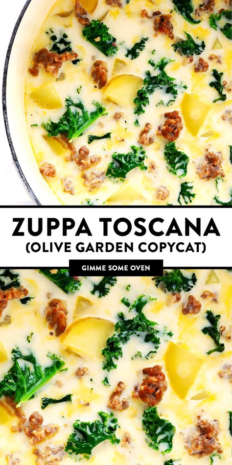 The BEST Zuppa Toscana soup recipe, inspired by the Olive Garden! This creamy soup is full of Italian sausage, potatoes and kale, it's easy to make, naturally gluten-free, and SO delicious! | gimmesomeoven.com #soup #italian #sausage #potato #kale #dinner #glutenfree Zupa Toscana, Toscana Recipe, Sausage Soup Recipes, Toscana Soup, Zuppa Toscana, Sausage Soup, Salad Pasta, Easy Soups, Minestrone