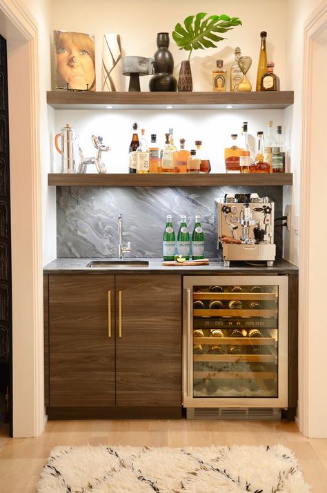 35 Beautiful Coffee Bar Ideas That Make Brewing the Perfect Cup Easier Home Bar Fridge, Built In Coffee Bar Ideas Kitchen Modern, Dream Coffee Bar, Bar Bookshelf Ideas, Coffee Bar Ideas With Sink, Under Stairs Coffee Bar, Mcm Coffee Bar, Coffee Bar In Kitchen Countertops, Drinks Station Ideas