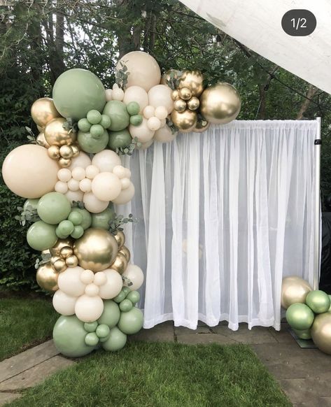 Sage And Cream Balloon Garland, Nature Balloon Garland, Bday Color Schemes, Sage Green Birthday Backdrop, Green Gold White Party Decor, Sage Balloon Decor, Sage Green Bautizo, Greenery Balloon Backdrop, Pastel Green Decorations Party