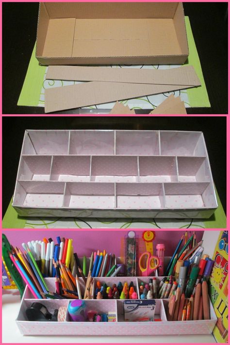 Cardboard Stationary Organizer Diy, Diy Desk Top Organizers, Diy Pencil Holder Desk Organizers, Diy Makeup Organizer Cardboard, Markers Storage, November Projects, Diy Desktop Organizer, Diy Desk Organizer, Diy Box Crafts