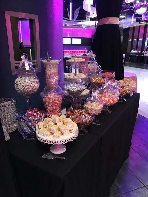 Nw candy Table we made for a Sweet 16 at Vegas Food At Sweet 16, Sweet 16 Buffet Ideas, Candy Table Sweet 16 Display, Sweet 16 Snack Bar, Candy Bar Ideas Sweet 16, Sweet 16 Treats Table, Snack Table Ideas Party Wedding, Xv Snack Table, Sweet Sixteen Food Buffet Party Ideas