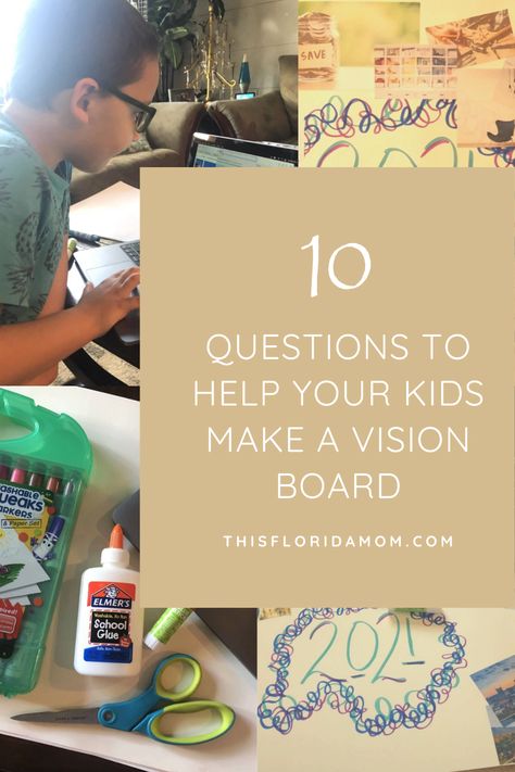 Ask these questions to help your kids create a vision board. Goal setting for kids. Family plans, family staycation. Vision Board Ideas With Kids, Vision Boards With Kids, New Years Vision Board Kids, Vision Board Lesson Plan, Vision Board For Kids Ideas, Vision Board Kids Ideas, Vision Board With Kids, Kid Vision Board Ideas, Kids Vision Board Ideas Free Printable