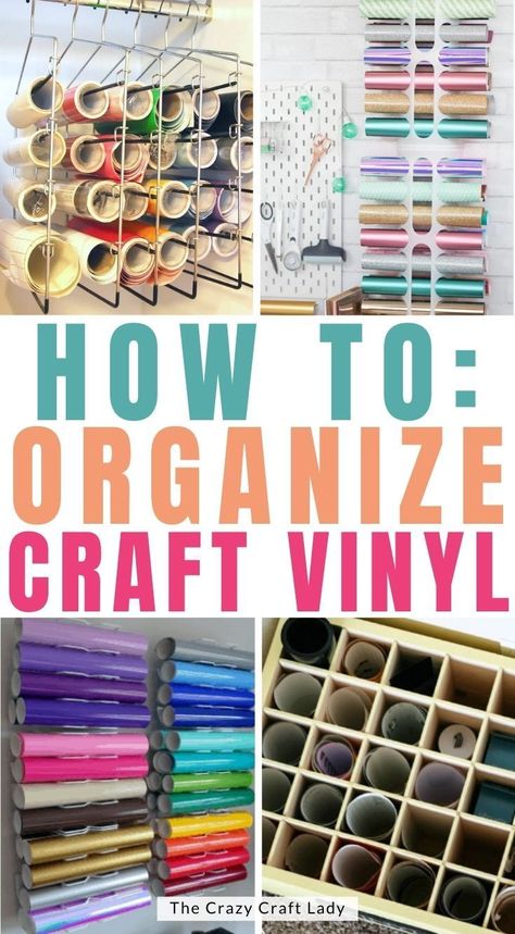 These Cricut vinyl storage ideas may be just the thing you're looking for if vinyl is taking over your craft space. These storage solutions will help you keep a nicely organized craft space and give you lots of ideas for spaces of any size. Storage For Vinyl Rolls Diy, How To Organize Vinyl Rolls, Diy Cricut Organization, Organizing Vinyl Rolls, Cricut Vinyl Storage Ideas Diy, Storing Vinyl Rolls, How To Store Vinyl Rolls, Vinyl Holder Ideas, Vinyl Storage Ideas Diy