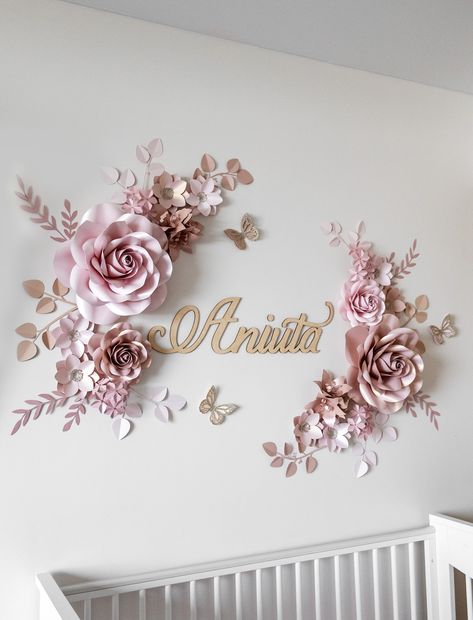 Blush Rose Gold paper flowers wall decor for baby girl nursery | Paper flower wall decor | Girls Nursery wall decor | Paper flowers backdrop Royal Paper, Paper Flowers Wall Decor, Paper Flowers Wall, Flowers Nursery, Paper Flower Arrangements, Matt Lanter, Flowers Wall Decor, Rose Gold Paper, Paper Flower Wall Decor