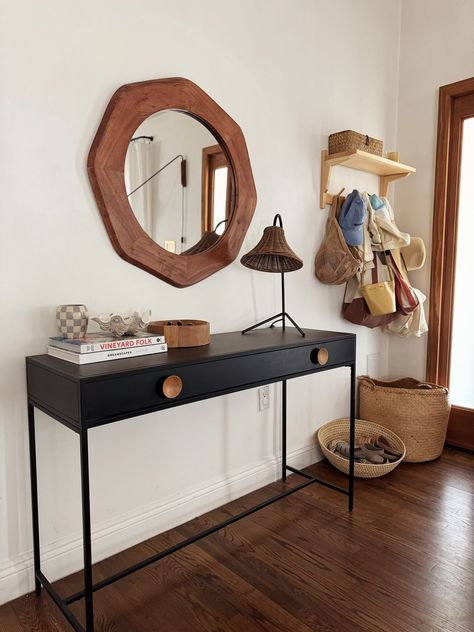 cute entryway mirrors and tables & a little makeover with wayfair – almost makes perfect Cute Entryway, Entryway Mirrors, Simple Console Table, Creating An Entryway, Entryway Mirror, Old Fences, Mini Makeover, Brass Knobs, Updating House