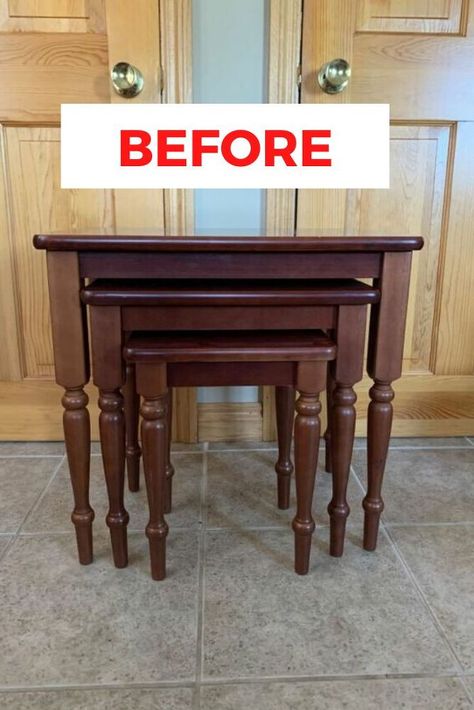 Turn old outdated nesting tables into farmhouse delight with this painted furniture DIY project. Upcycled furniture is the best way to decorate on a budget so check out the before and after photos of this furniture flip. #diy #nestingtable #makeover Stacking Tables Living Rooms, Refinish Accent Table, How To Style Nesting Tables, Refurbished Nesting Tables, Antique Nesting Tables, Nesting Table Decor, Hall Table Upcycle, Small Table Redo Furniture Makeover, Painting Small Tables Ideas