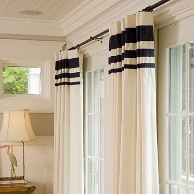 Getting graphic with clean white drapes offset by bold black banding. Custom Drapery Panels, Curtains Ideas, The Curtains, Custom Drapery, Home Curtains, Drapery Panels, White Curtains, Diy Curtains, The Ceiling