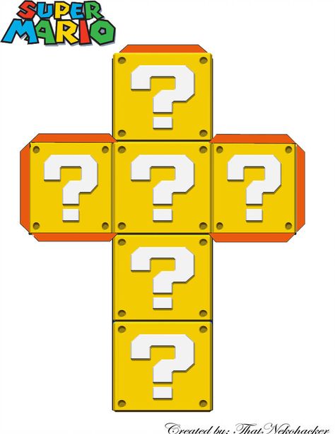 Mario Question Block Paper Craft Template by ThatNekohacker Patron Cube, Super Mario Bros Party Ideas, Mario Kart Party, Mario Bros Birthday Party Ideas, Mario Crafts, Bolo Super Mario, Mario Room, Nintendo Party, Super Mario Bros Birthday Party