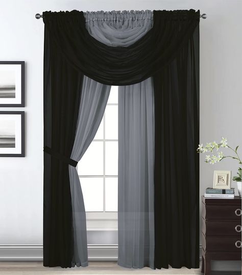 PRICES MAY VARY. ELEGANT SHEER CURTAIN PANELS: Enhance your decor effortlessly with our 4-panel sheer curtain set. Each set includes four two-tone 55" x 84" panels with attached valances, adorned with delicate beads, and complemented by fabric tiebacks. This easy-to-install, one-piece design adds a sophisticated touch to any room with its graceful drape and elegant hues. LASTING QUALITY, PRISTINE APPEAL: Experience the quality of our window curtains designed for lasting beauty. Made from resilie Black And Gold Curtains, Two Tone Curtains, Fancy Curtains, Voile Panels, Window Sheers, Gold Curtains, Black Dining Room, Sheer Curtain Panels, Curtains For Living Room