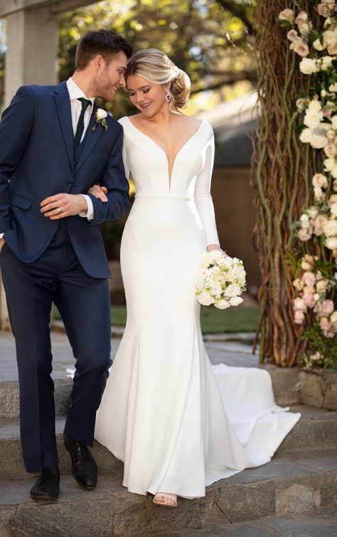 Simple and Sleek Long-Sleeved Sheath Wedding Dress - Sleeved Wedding Dress, Sleeved Wedding, Sheath Wedding, Martina Liana, Essense Of Australia, Sheath Gown, Illusion Tulle, Winter Wedding Dress, Bohemian Wedding Dresses