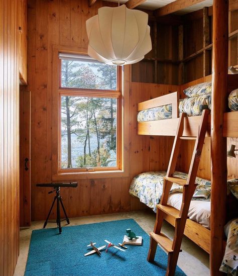 Small Lake Cabins, Bunk Rooms, Son And Daughter, Lakeside Cabin, Modern Renovation, Pine Walls, Cabin Interiors, Bunk Room, Lodge Decor