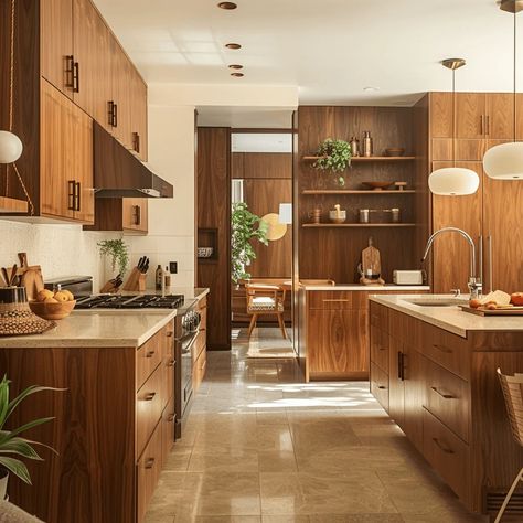 The Ultimate Mid-Century Kitchen Guide Small Kitchen Walnut Cabinets, Modern Century Kitchen, Midcentury Modern Kitchen Ideas, Mid Century Kitchen Tile, Kitchen Functionality Ideas, Walnut Kitchen Cabinets Modern, Mcm Kitchen Remodel, Kitchen Modern Wood, Teak Kitchen Cabinets