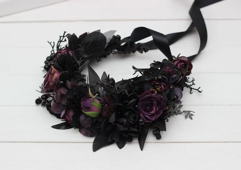 "Flower accessories are decorated with fabric and leaves. Size of flower crown - 19\"( 48 cm) Thanks for visiting!!" Black Floral Crown, Black Flower Crown Wedding, Goth Flower Crown, Steph Aesthetic, Goth Wedding Hair, Wicca Wedding, Purple Black Wedding, Black Flower Crown, Hazbin Oc