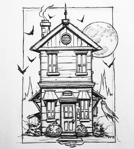 13/31 by Mike PhillipsInktober haunted house Creepy Houses Drawing, Haunted House Illustration Drawings, Haunted House Reference, Drawings Of Haunted Houses, Old House Drawing Easy, Haunted House Ideas Drawing, Haunted House Sketch Easy, Haunted Houses Drawing, Simple Haunted House Drawing