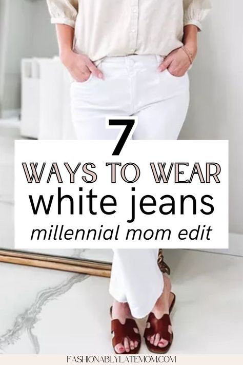 Master the art of wearing white jeans with these stylish outfit ideas for moms! Learn how to style white denim jeans effortlessly and elevate your everyday look. White Kick Crop Jeans Outfit, What To Wear With White Jeans, White Jeans Outfit Autumn, How To Style White Jeans, White Jeans Summer Outfit, Styling White Jeans, White Jeans Outfit Fall, White Jeans Outfit Spring, White Jeans Outfit Summer